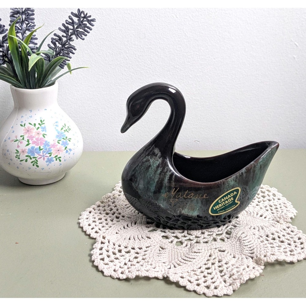 Vintage Canadian Pottery Swan Planter Elbro Matane Quebec Drip Glaze Decor